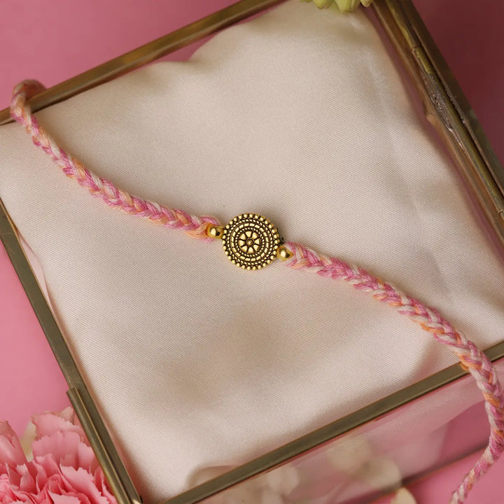 Handmade Golden Sansaar Charm Rakhi With Roli Chawal