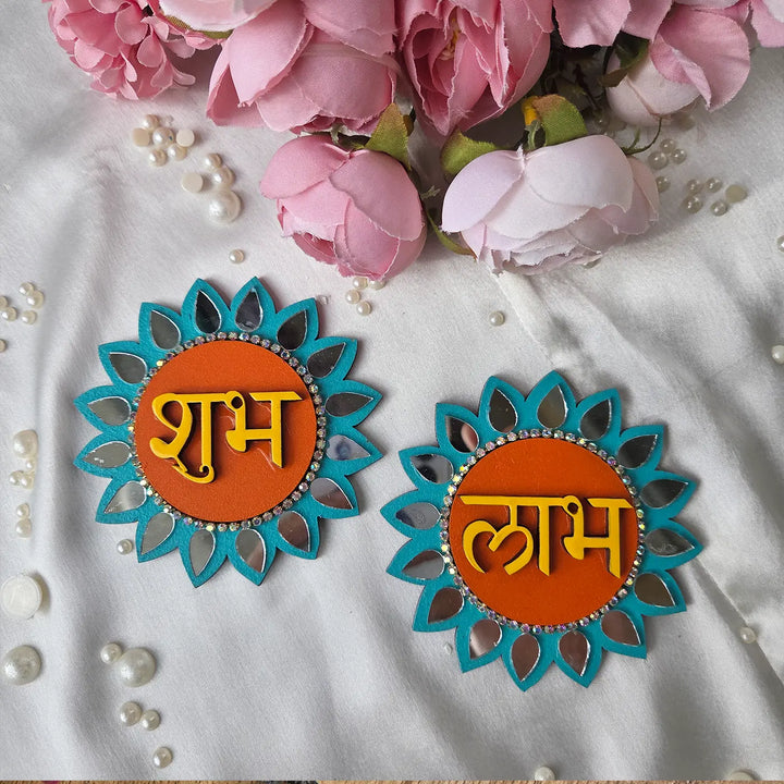 Hand-Painted Mirror Work Floral MDF Wood Shubh Labh Hangings | Set Of 2