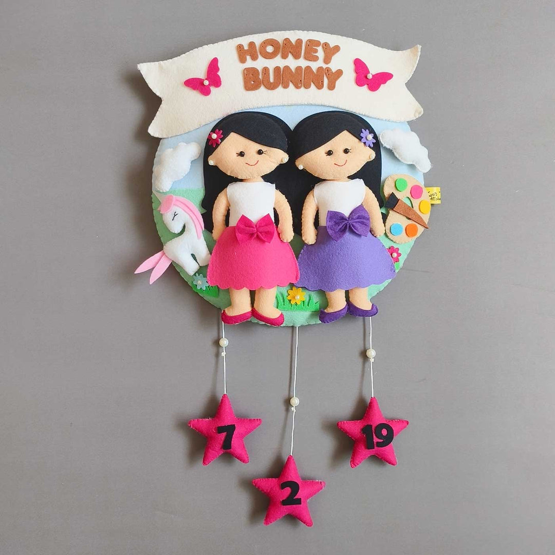 Hand-stitched Hobby Themed Round Felt Kids Name Plate for Siblings