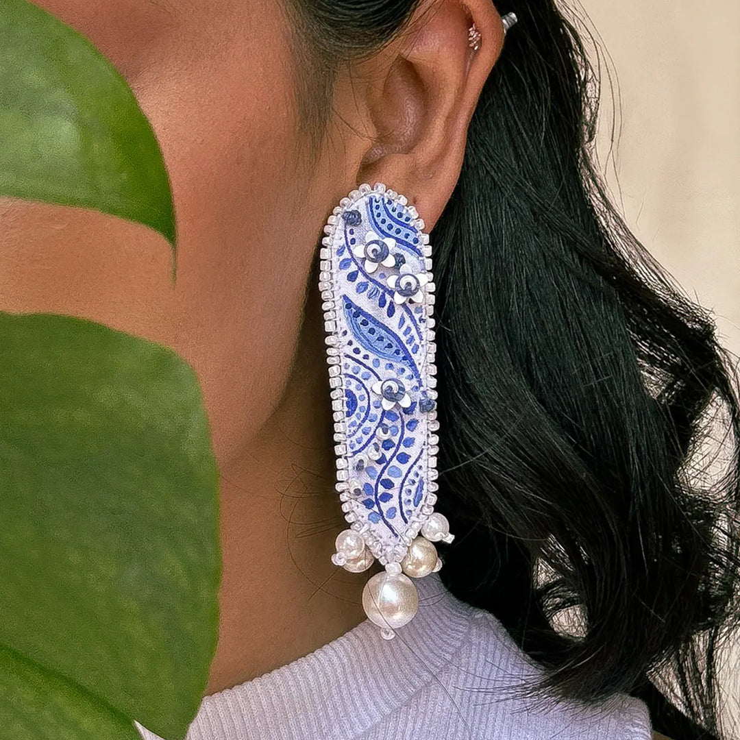 Hand Embroidered Beaded Blue & White Delicate Mughal Elegance Cotton Earrings