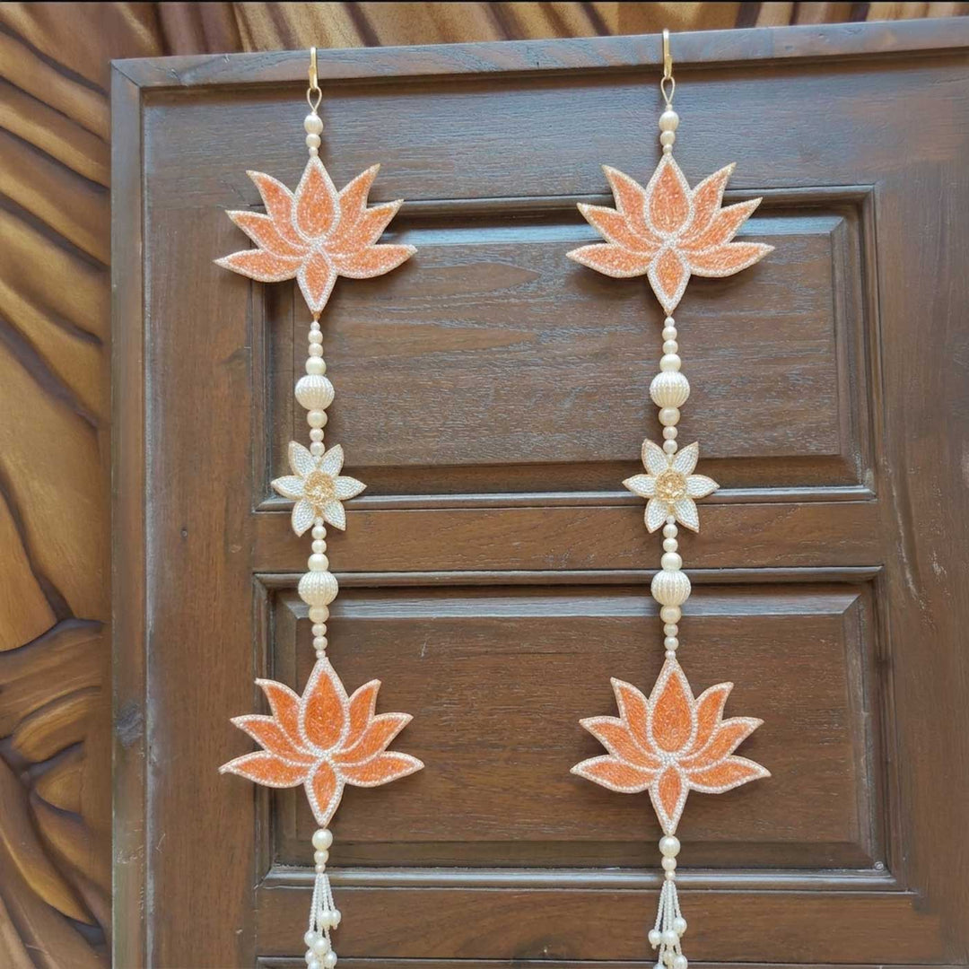 2 Pc | Peach Lotus Beaded Hanging With Pearl Tassels