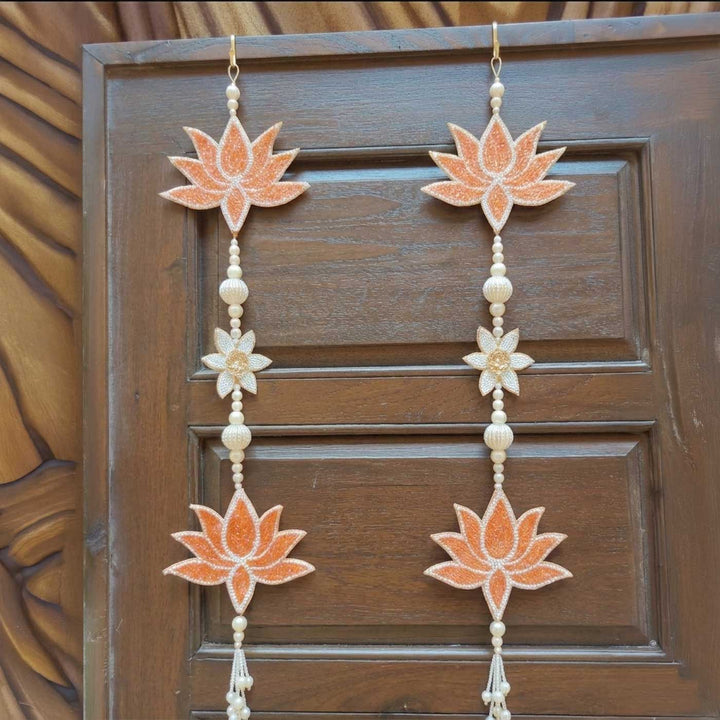2 Pc | Peach Lotus Beaded Hanging With Pearl Tassels