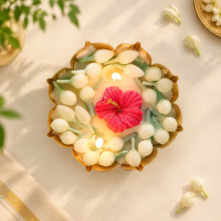 Mogra Handmade Floral Soy Wax Scented Metal Urli Candle For Pooja Room Decor