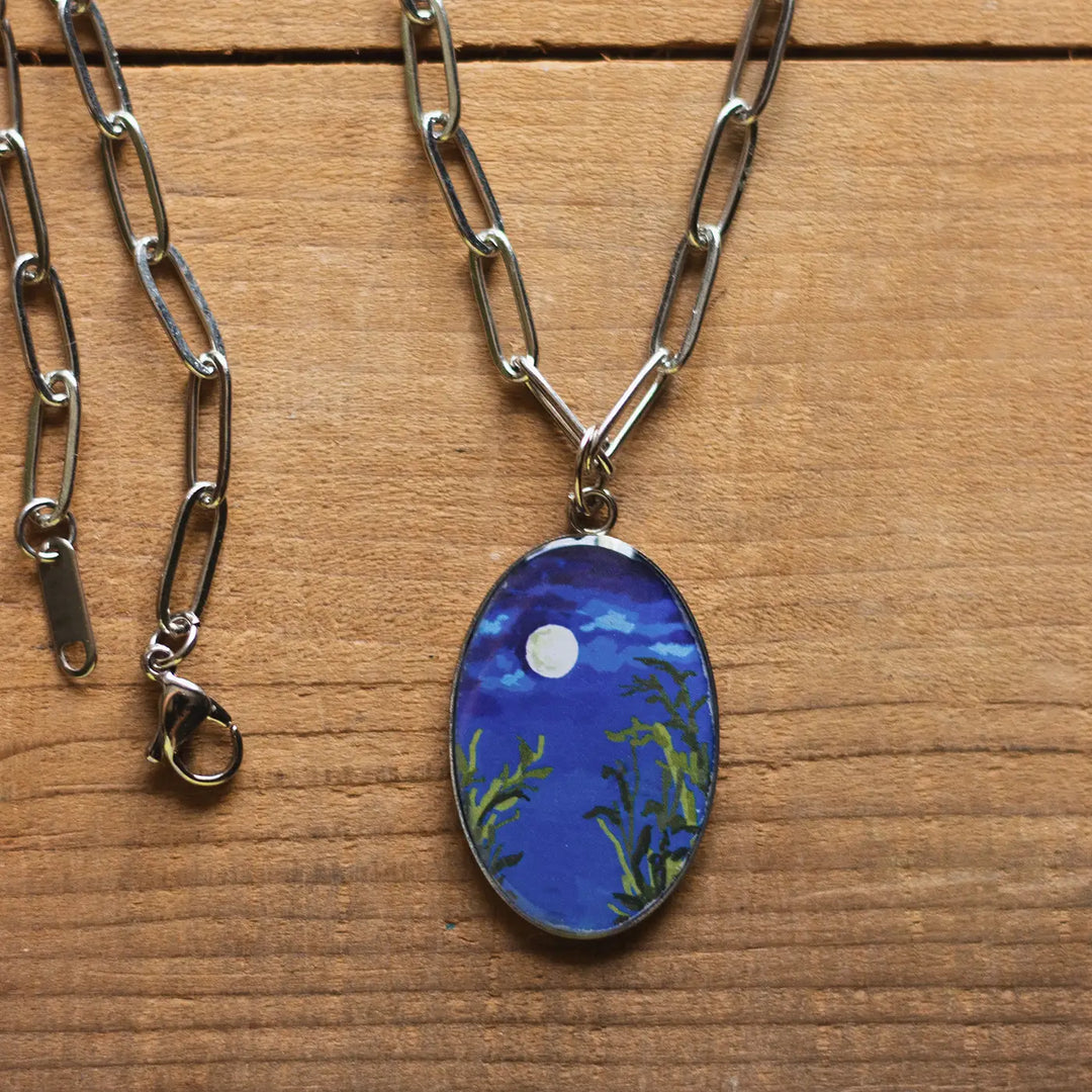 Illustrated Night Theme Moon Resin & Stainless Steel Necklace