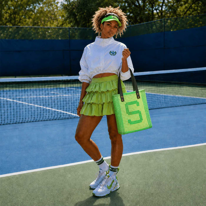 Off White & Parrot Green Personalized Monogram Handmade Wire Koodai Tote Bag