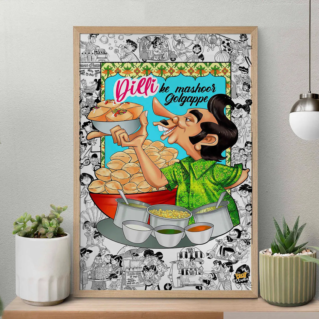 Gol Gappe Wala Quirky Comic Style Printed Wall Art | 11x19 Inch | Unframed