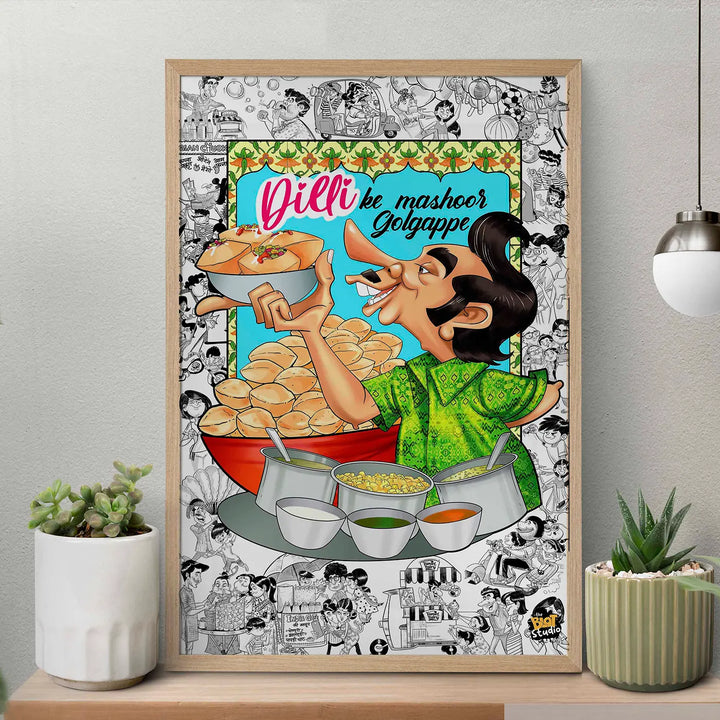 Gol Gappe Wala Quirky Comic Style Printed Wall Art | 11x19 Inch | Unframed