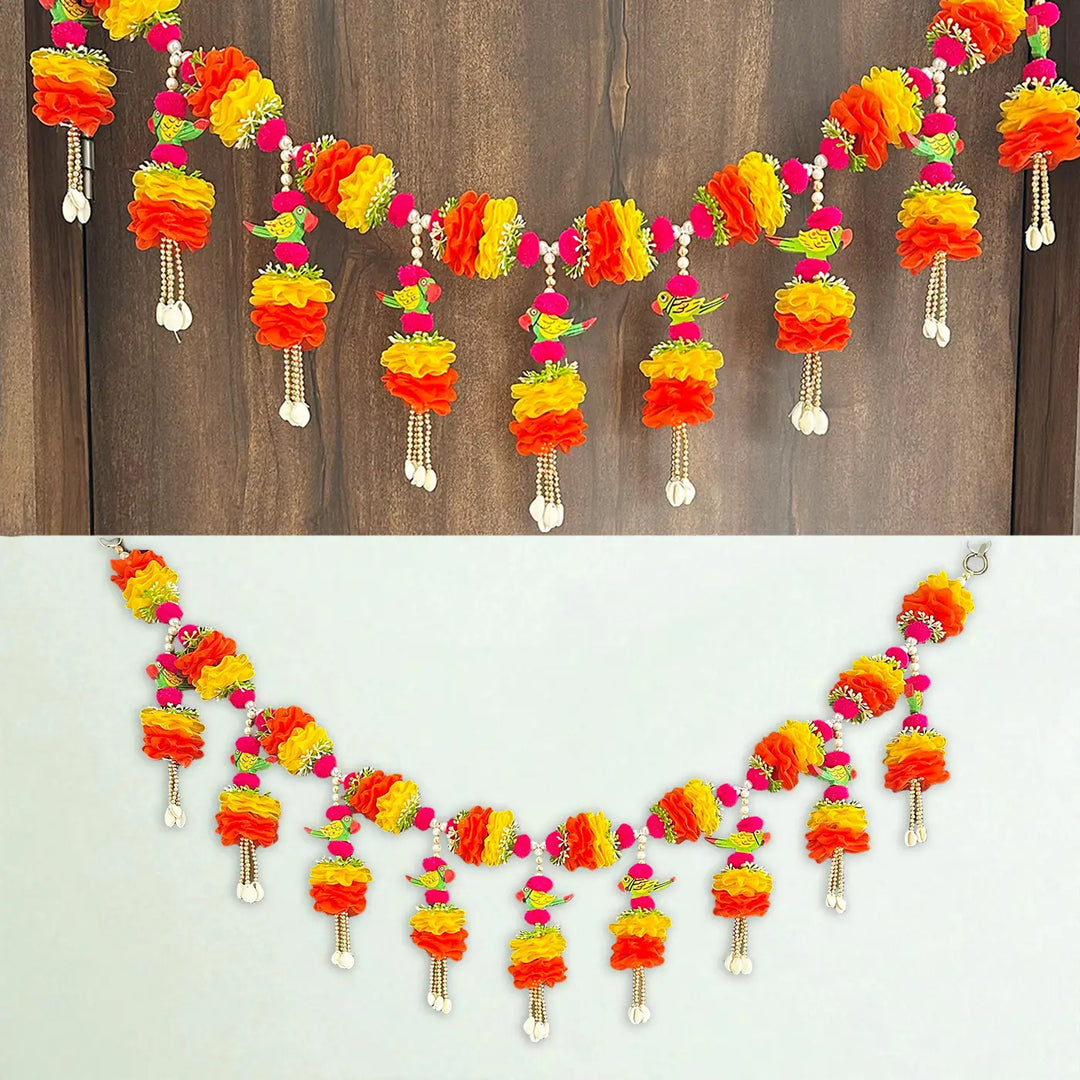 Handmade Yellow & Orange Flowers With Parrot Toran