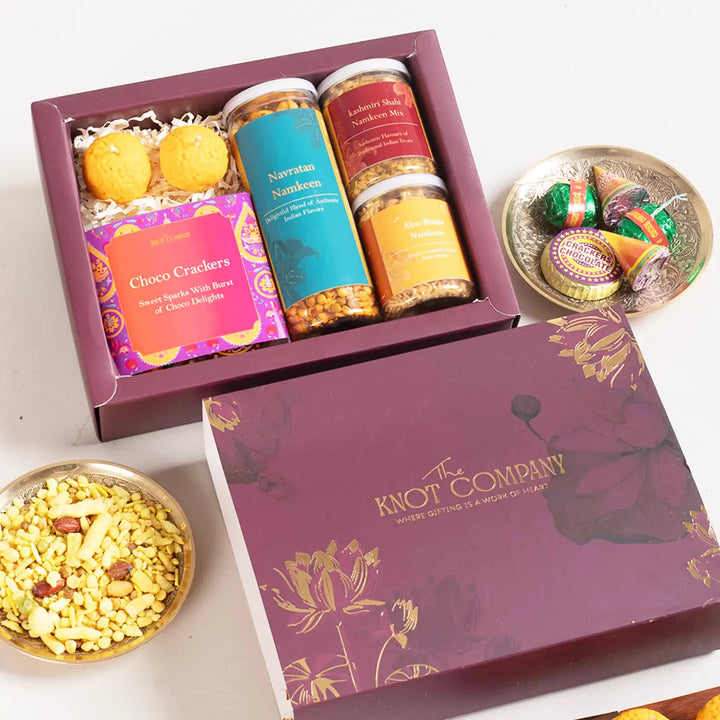 Diwali Corporate Gift Hamper | Includes 1 Navrattan Namkeen, 1 Kashmiri Shahi, 1 Aloo Bhujia, 4 Cracker Chocolates, 2 Ladoo Candles, 1 Gift Box