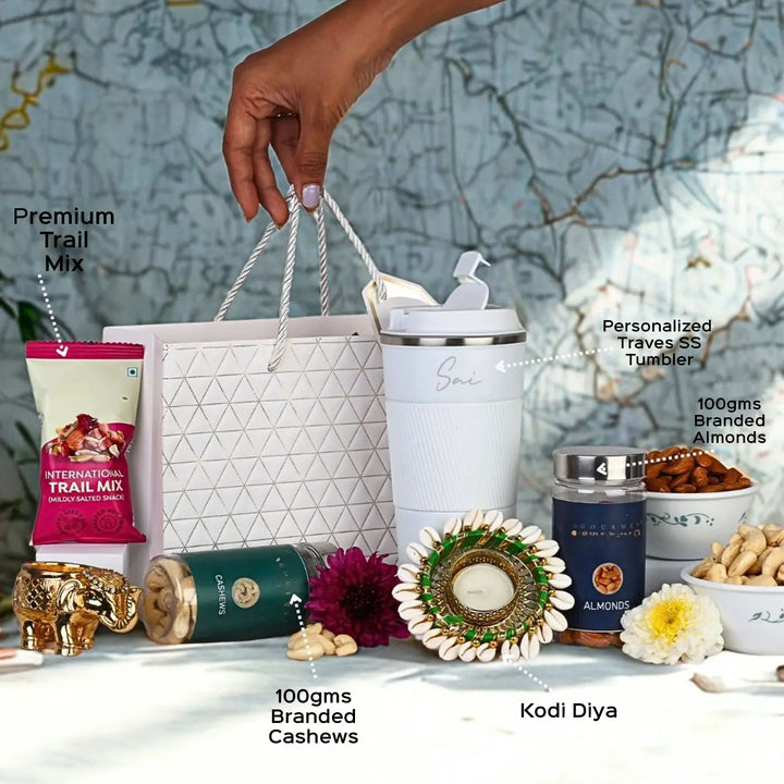 Personalized Premium Diwali Gift Hamper | Includes 1 Silicone Mug, 1 Almond Jar, 1 Cashew Jar, 1 Kodi Diya, 1 Trail Mix, 1 Greeting Card