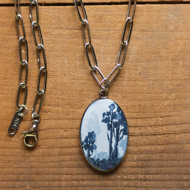 Illustrated Vintage Forest Design Resin & Stainless Steel Necklace