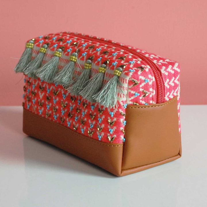 Handmade Embroidered Pink Color Jacquard Pouch