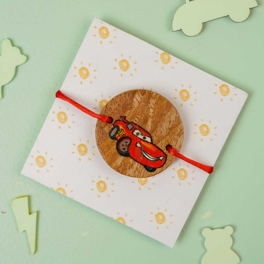 Personalized Hand Painted Cars Theme Wooden Rakhi With Roli Chawal - Packaged on Decorative Card
