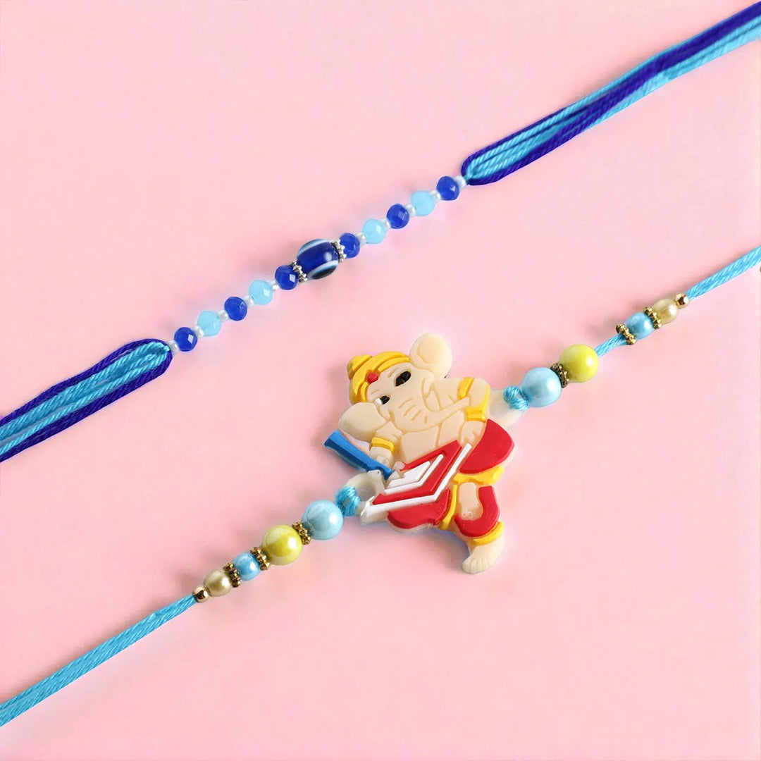 Handmade Ganesha & Evil Eye Kids Rakhi With Roli Chawal | Set Of 2
