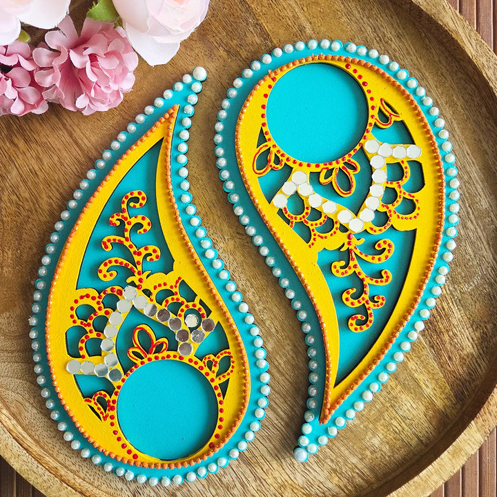 Hand-Painted Mirror Work Paisley Shaped MDF Wood Tealight Holder | Set Of 2