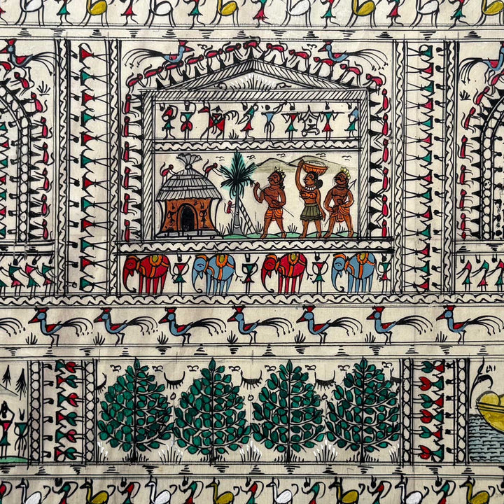 40 X 16 Inch | Handmade Tussar Silk Saura Tribal Art Of Odisha Painting