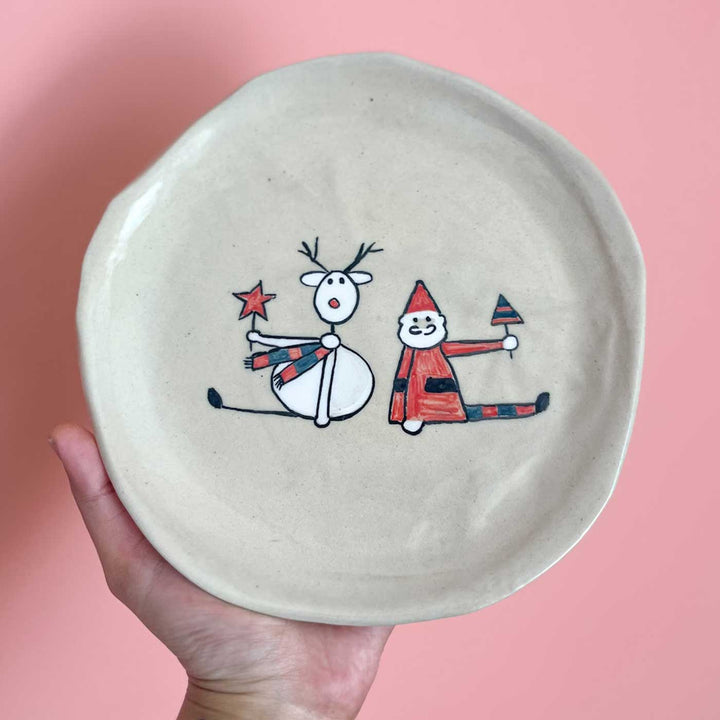 Handmade Christmas Santa & Reindeer Illustration 7 Inch Ceramic Plate | Set Of 2