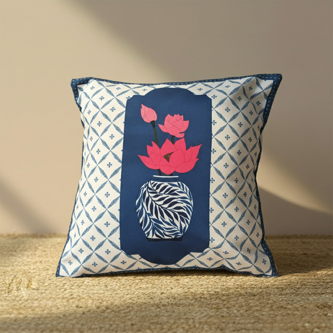 16 Inch | Printed Lotus Blue Pottery Cushion Cover