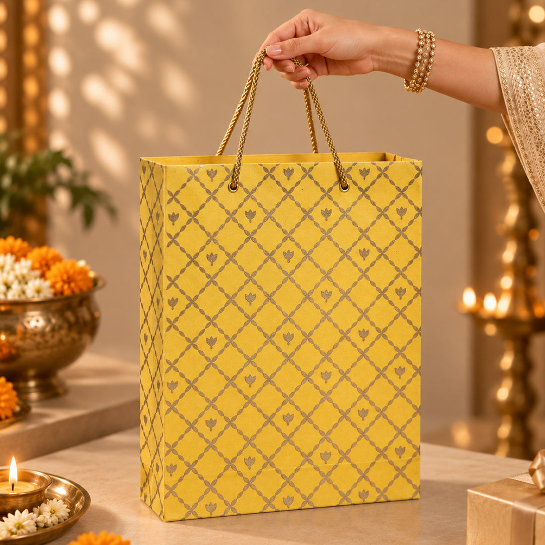 "Box Flower Maze" Handmade Golden Screen Printed Medium Paper Bag For Festive Gifting