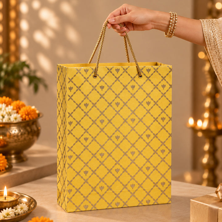 "Box Flower Maze" Handmade Golden Screen Printed Medium Paper Bag For Festive Gifting