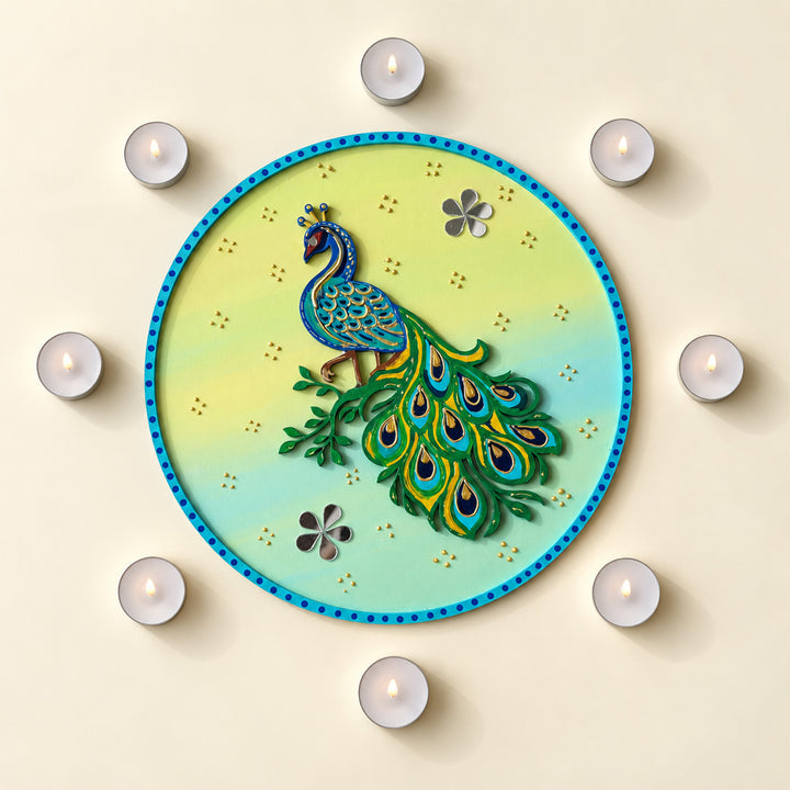 Hand-Painted Peacock Garden Round Rangoli For Festive Decor