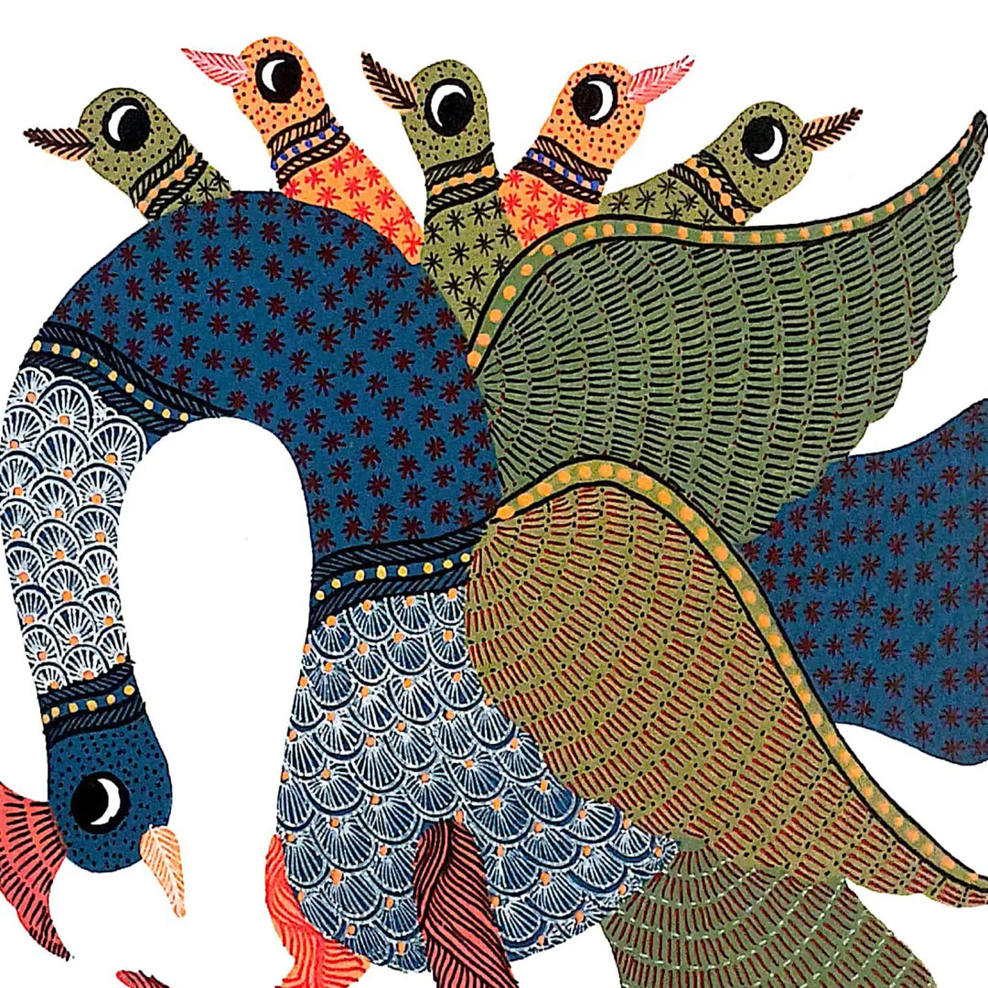 7 x 7 Inch | A Party Of Peacocks | Original Hand Painted Tribal Gond Art Painting | Acrylic Paints On Paper