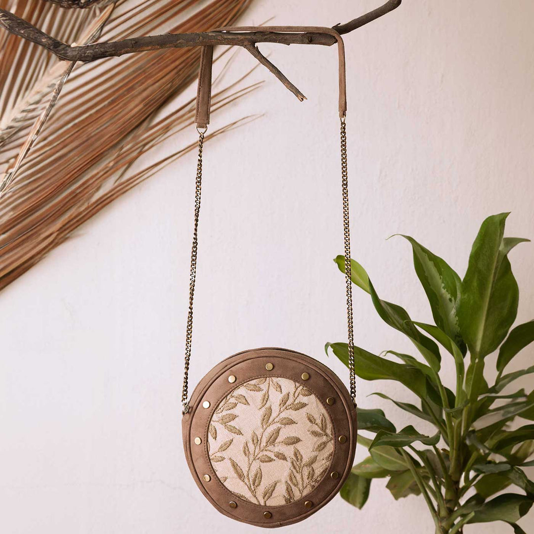 Personalized Embroidered Leafy Gray Round Sling Bag