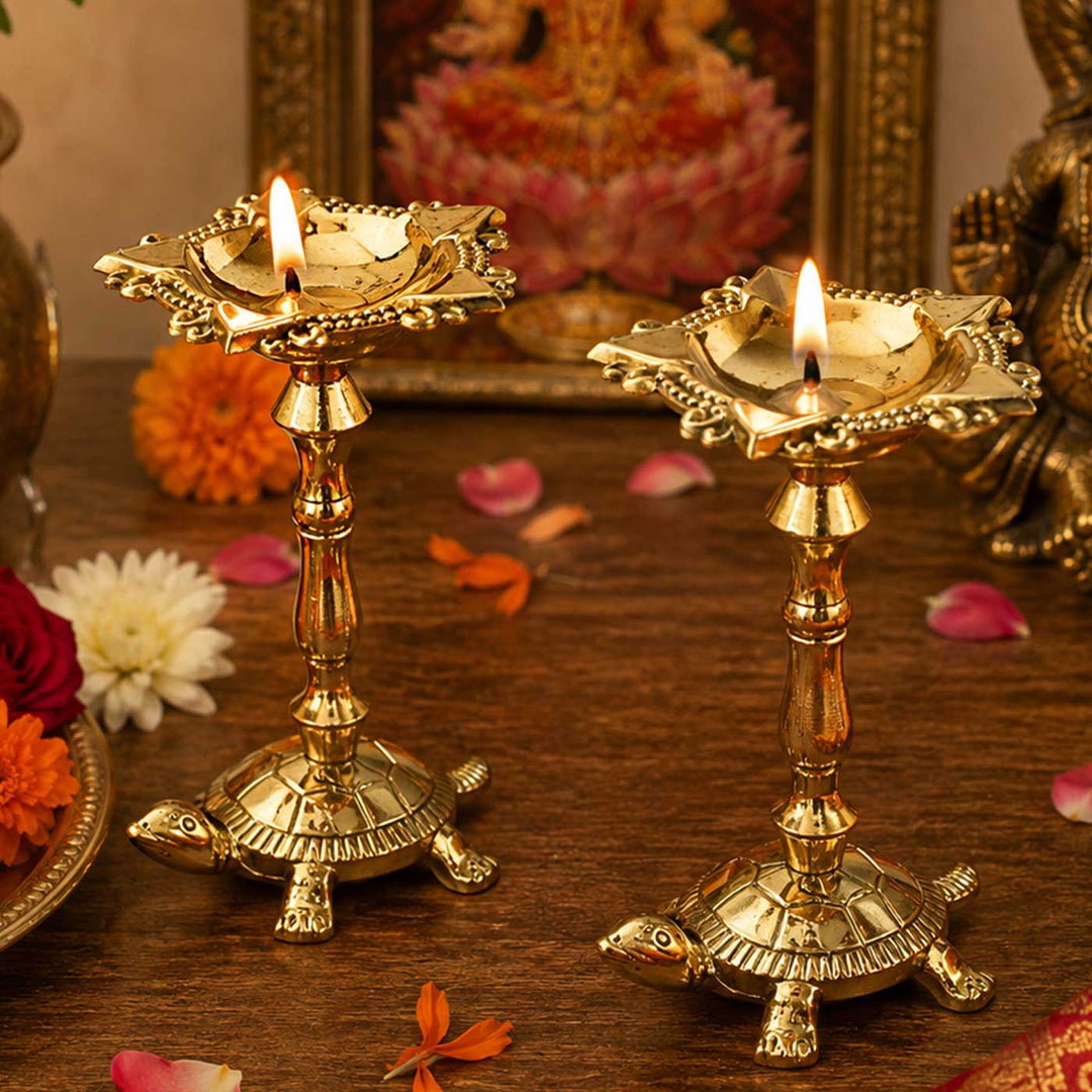 2 pc | Turtle Base Brass Kurma Oil Lamp With Tall Stand For Festive Decor