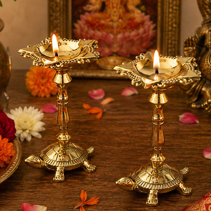 2 pc | Turtle Base Brass Kurma Oil Lamp With Tall Stand For Festive Decor