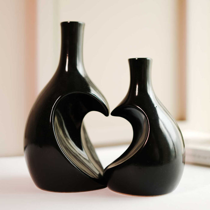 Black Heart Shaped Ceramic Vase | Set Of 2