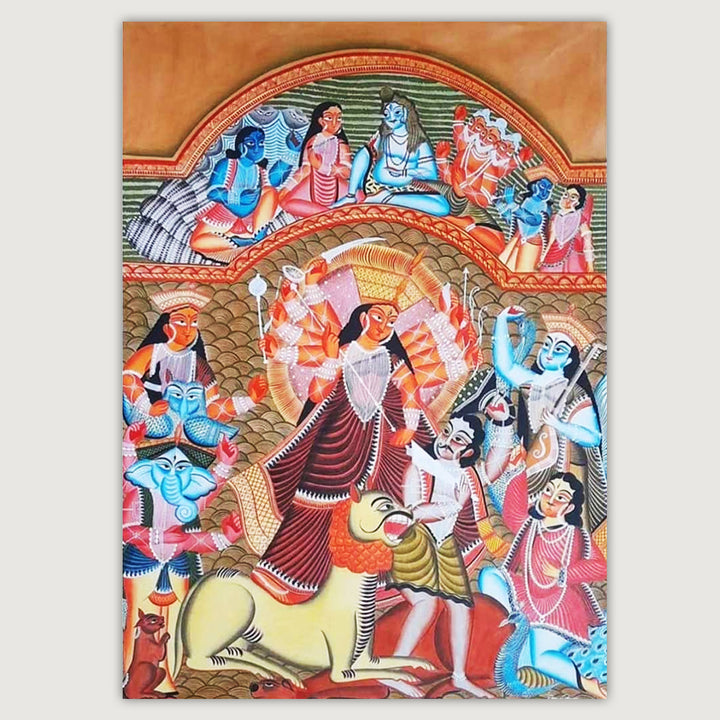 22 x 30 Inch | Mahishasura Mardini Durga With Lion | Original Hand Painted Kalighat Painting | Natural Pigment On Paper