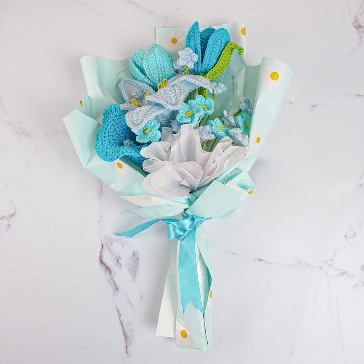 Handmade Crochet Blue Flower Bouquet With Lights