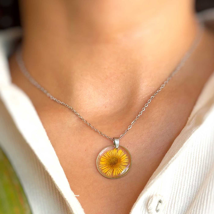 Yellow Sunshine Preserved Flower Stainless Steel Necklace