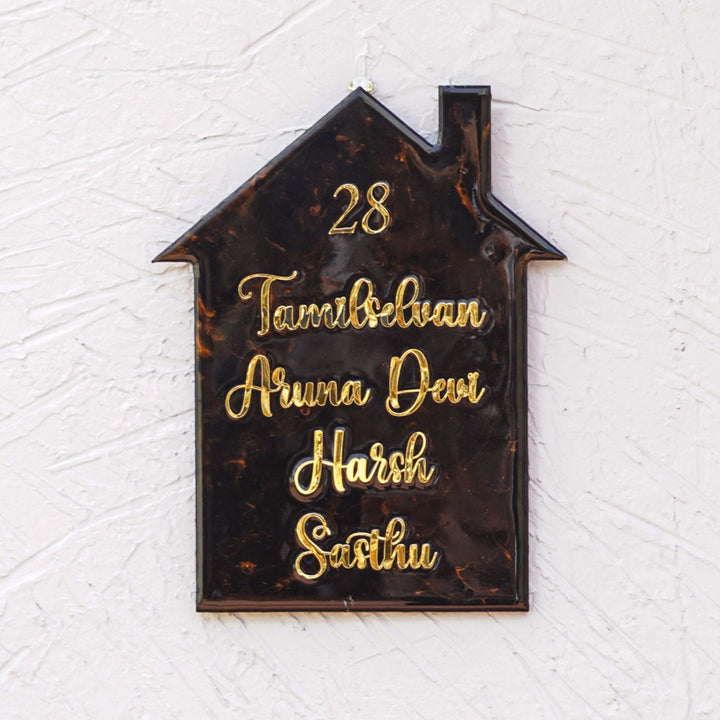 Handmade Resin Black & Gold House Shaped Marbled Name Plate