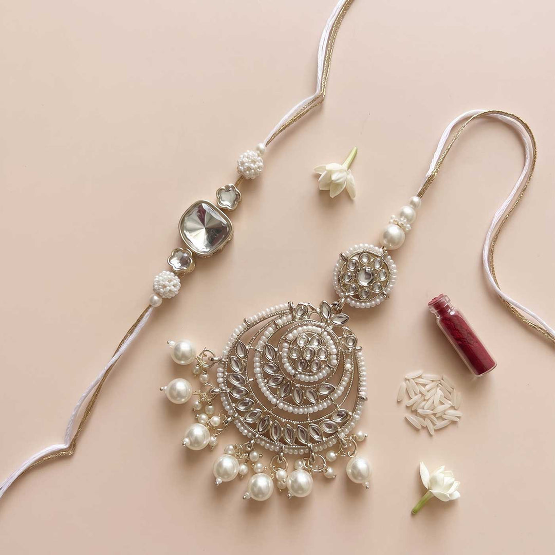 Handcrafted Kundan "Chandni" Couple Rakhi & Lumba Set With Roli Chawal for Bhaiya Bhabhi