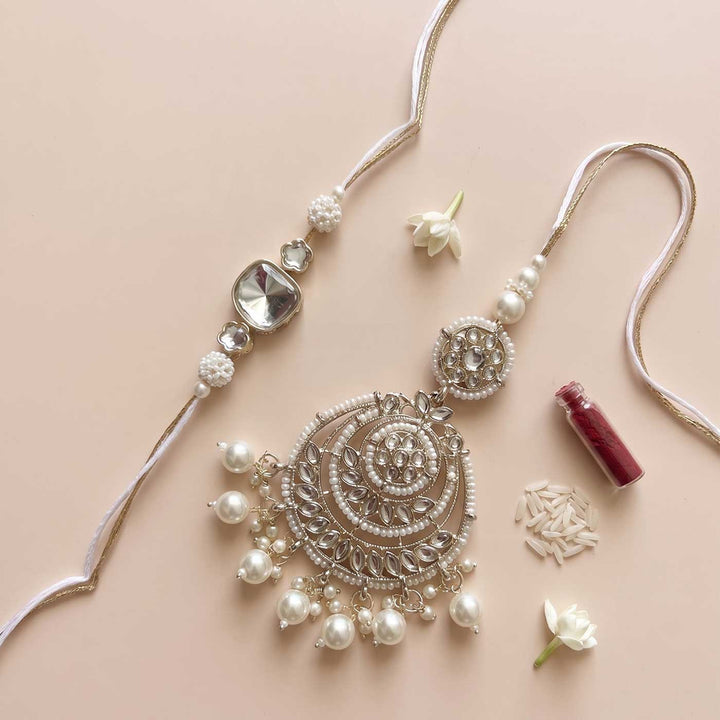 Handcrafted Kundan "Chandni" Couple Rakhi & Lumba Set With Roli Chawal for Bhaiya Bhabhi