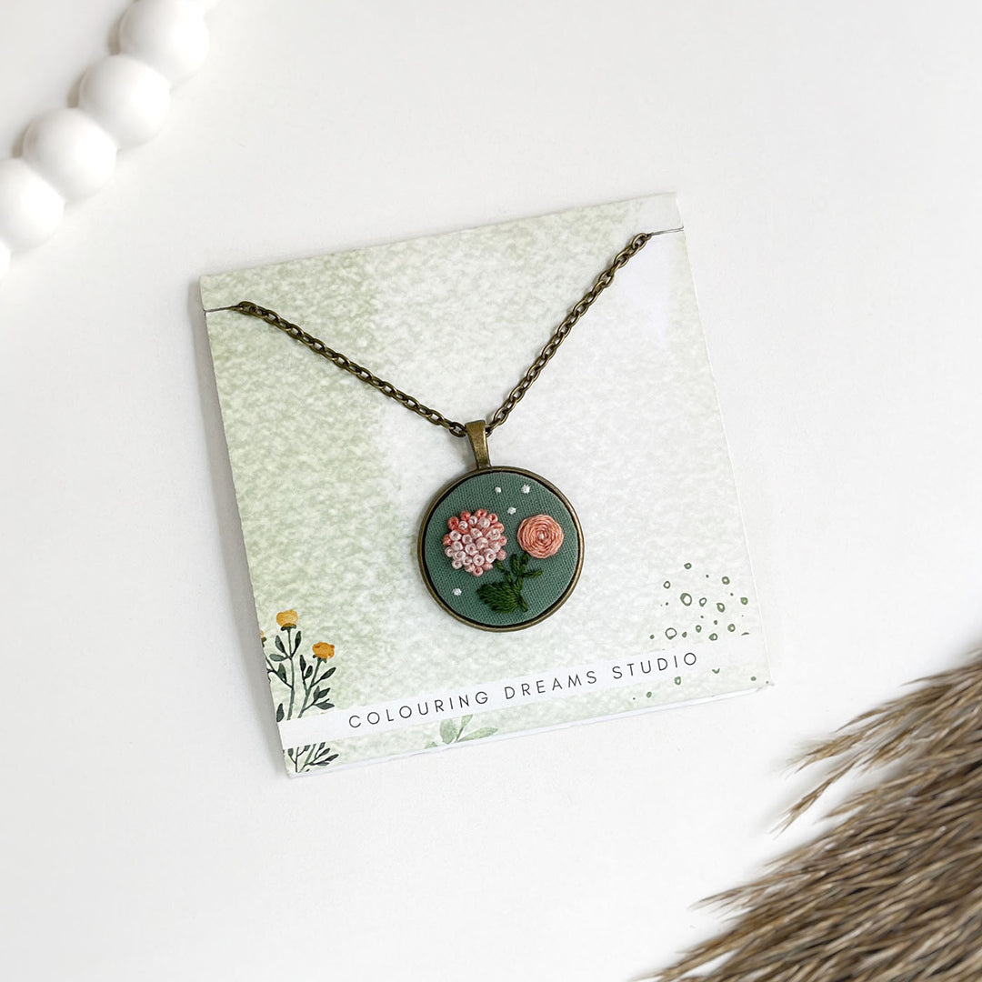 Hand Embroidered Coral Sage Antique Finish Necklace