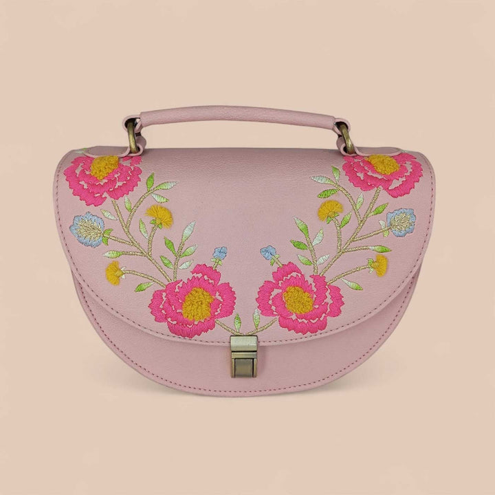 Handmade Embroidered Flower Design Peach Rexine Sling Bag