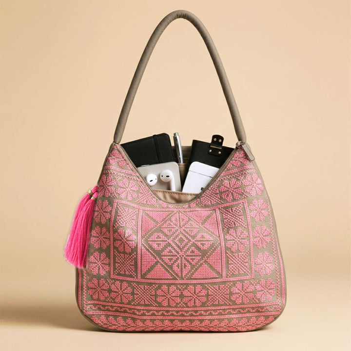 Neon Cross-Stitch Embroidered Hobo Shoulder Bag