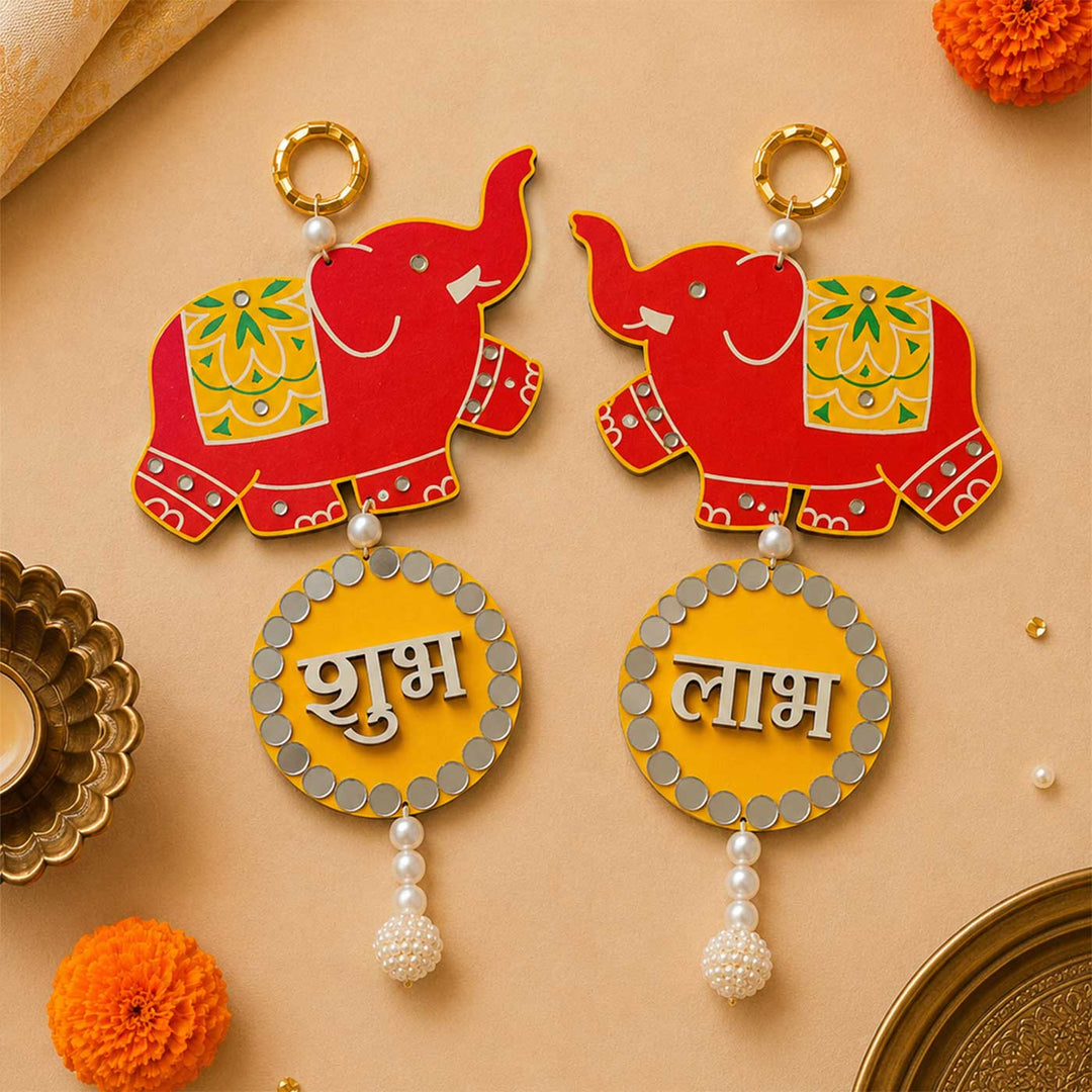 Handcrafted Elephant Shubh Labh Hanging | Set Of 2