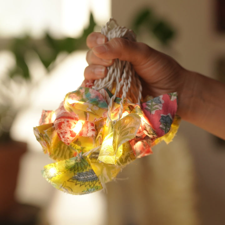 9.15m, 50 Bulbs | Handmade Assorted Block Printed Pastel Fabric LED Fairy Light