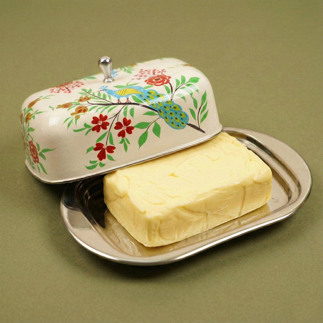 Hand-Painted Off White Peacock Kashmiri Art Stainless Steel Butter Dish