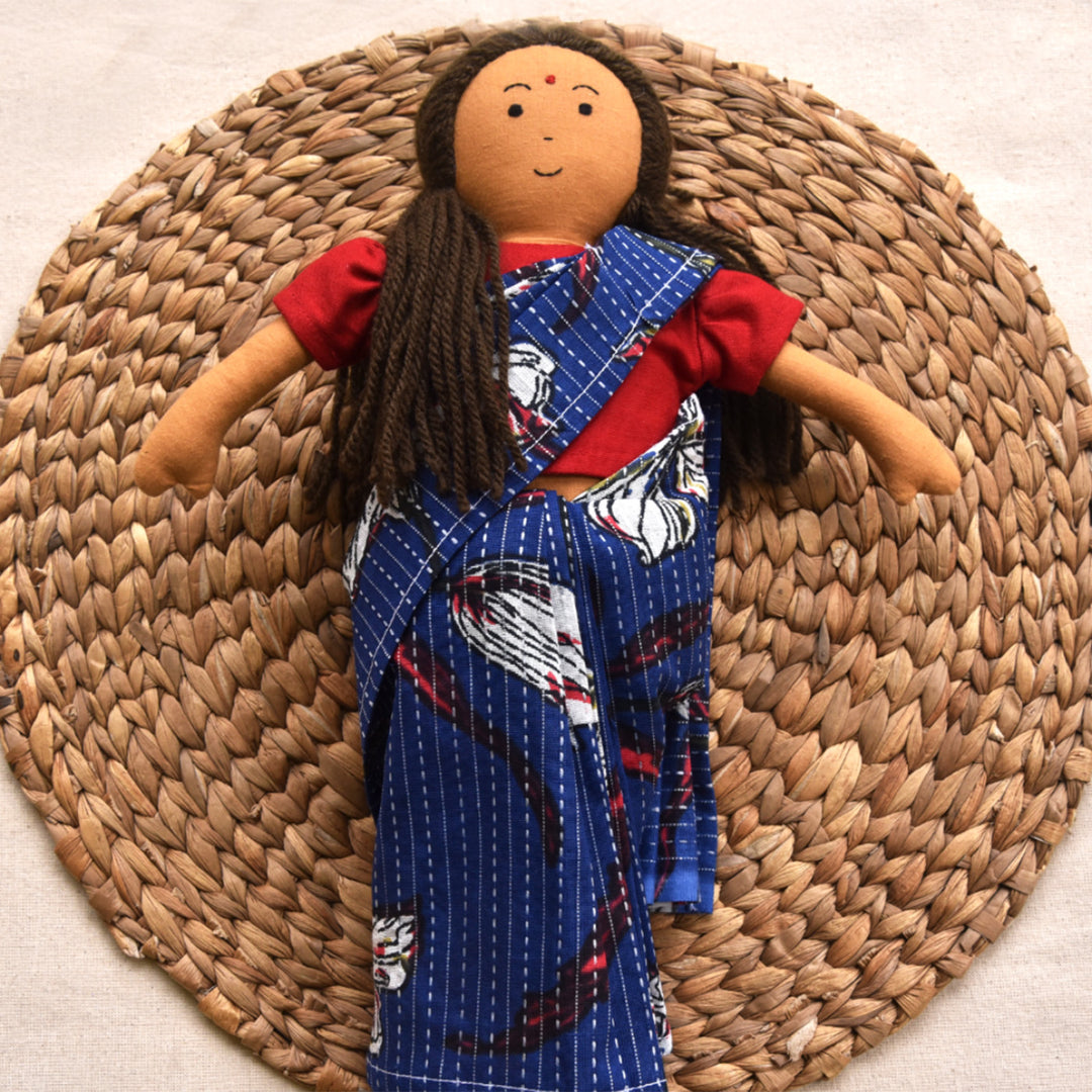 Nilah's Amma (Mother) In Blue Saree | Soft Hand-Stitched Sustainable Indian Play Doll