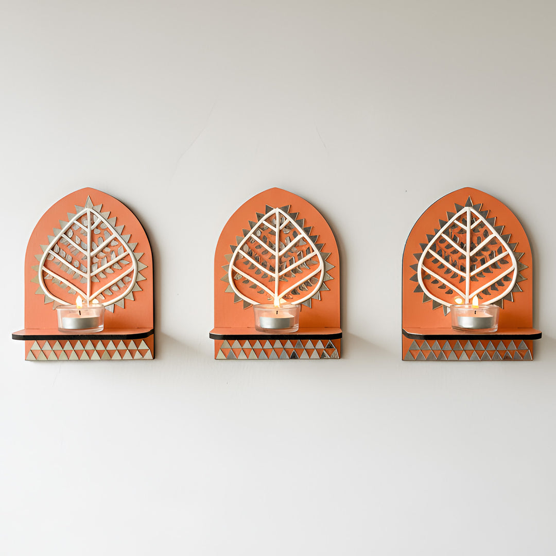 Hand-Painted Mirror Work Leaf Harmony MDF Wood Tealight Holder