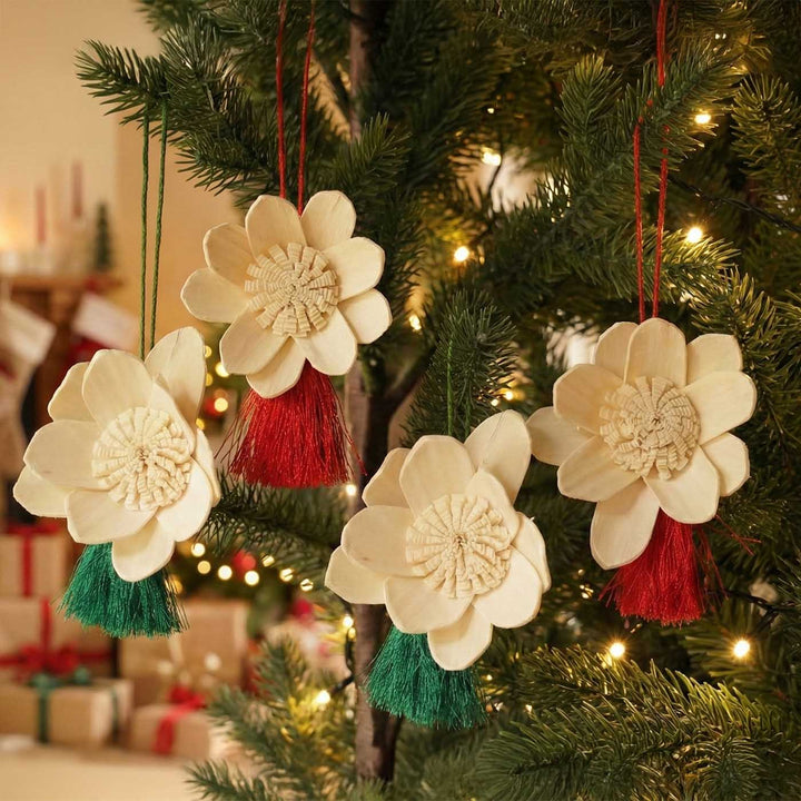 4 Pc | White Shola Flower Christmas Ornament