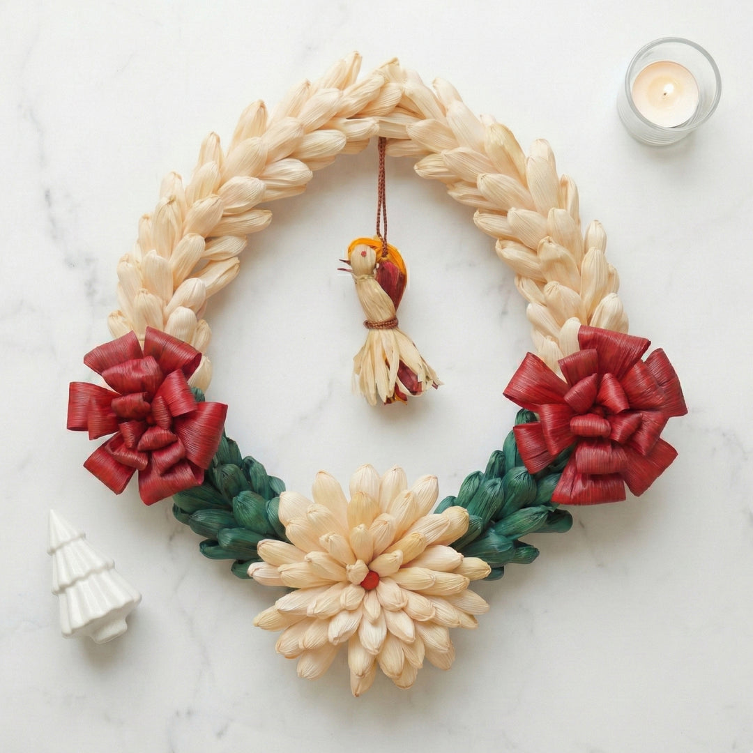 Handmade Ecofriendly Corn Husk White And Red Flower Wreath