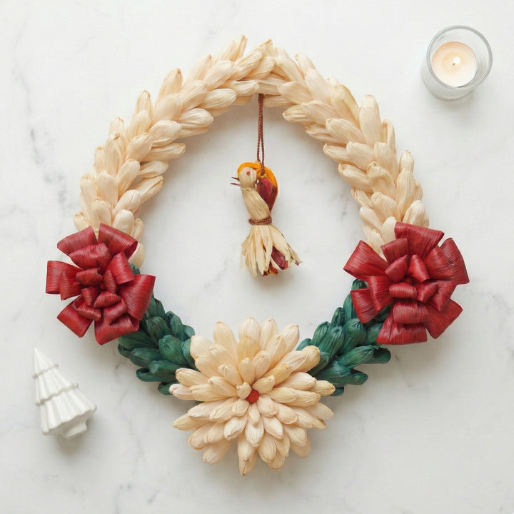Handmade Ecofriendly Corn Husk White And Red Flower Wreath