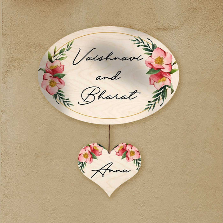 Printed Floral Wooden Oval Nameplate For Family