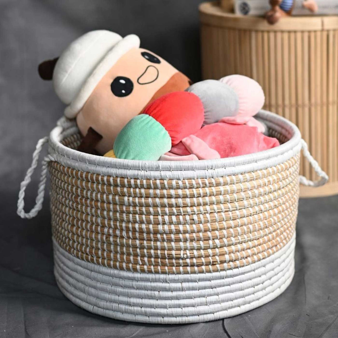Handmade Ecofriendly Grass Woven White Base Moonj Storage Basket
