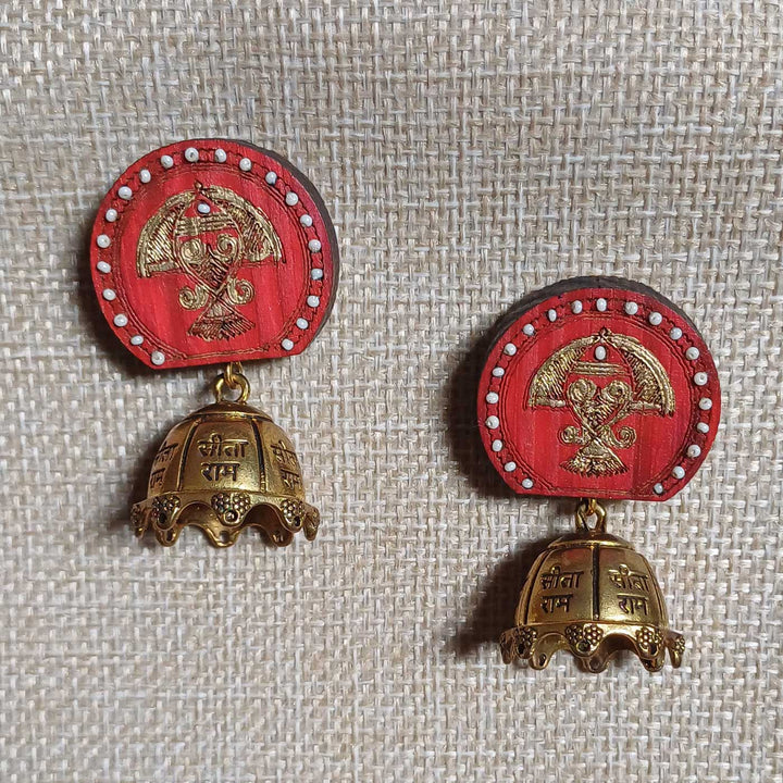 Handmade Red Ram Sita Jhumka Wooden Earrings